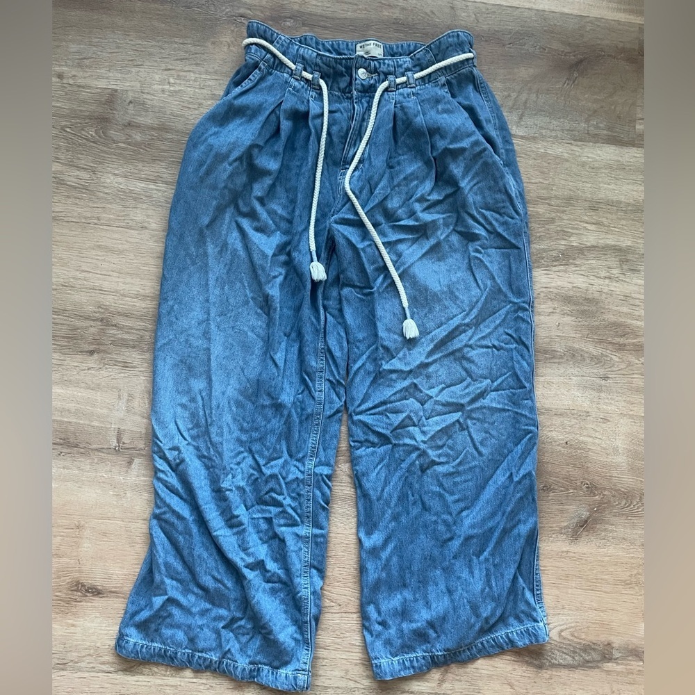 We The Free by Free People boho Denim Wide Leg Pants Rope Drawstring S - Picture 3 of 8